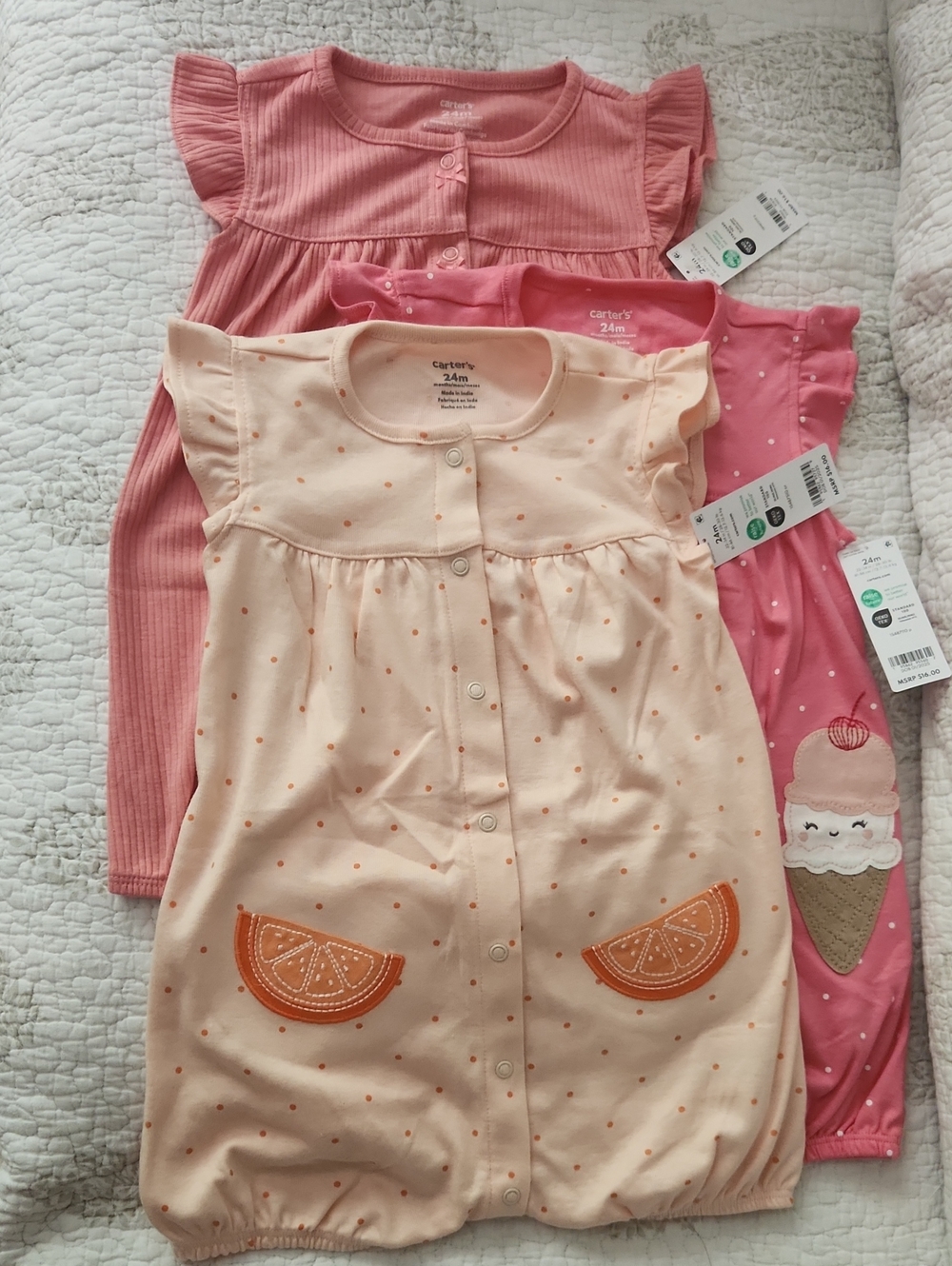 NWT Carter's Peach and Pink Infant Romper Set Of 3